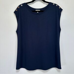 LAURA Navy Boat Neck Cap Sleeve Metallic Button T Shirt M